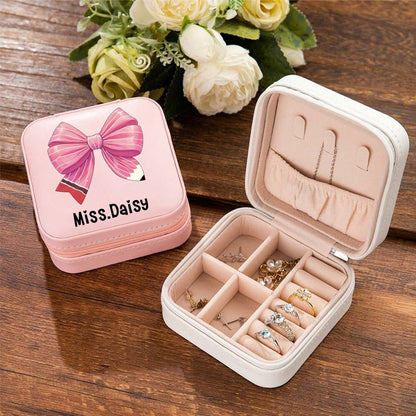 Custom Coquette Bow Teacher Jewelry Box, Pencil Bow Knot Travel Leather Jewelry Case, Back to School/Teacher's Day/Appreciation Gift for Teachers
