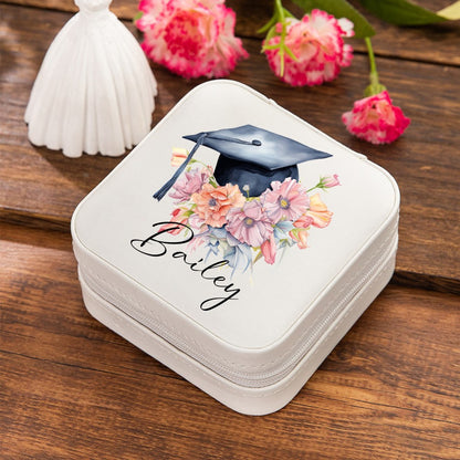 Personalized Name Graduation Cap Flower Leather Jewelry Case, Bouquet of Flowers Travel Jewelry Box, Graduation Gift for Her/Family/Friends/Classmates