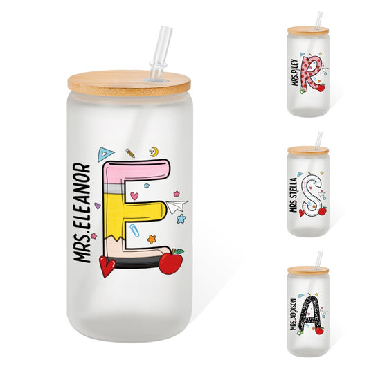 Personalized Name Initial Teacher Glass with Lid and Straw, Frosted Glass Tumbler, Back To School/Teacher's Day/Appreciation Gift for Teachers