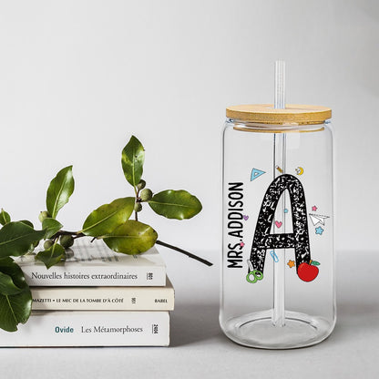Personalized Name Initial Teacher Glass with Lid and Straw, Frosted Glass Tumbler, Back To School/Teacher's Day/Appreciation Gift for Teachers