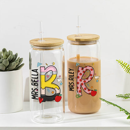 Personalized Name Initial Teacher Glass with Lid and Straw, Frosted Glass Tumbler, Back To School/Teacher's Day/Appreciation Gift for Teachers