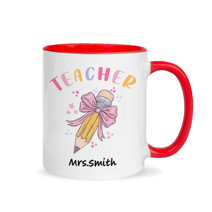 Personalized Pink Coquette Bow Pencil Mug with Teacher's Name, 11oz Ceramic Coffee Tea Cup, Teacher's Day/Appreciation/Christmas Gift for Teachers