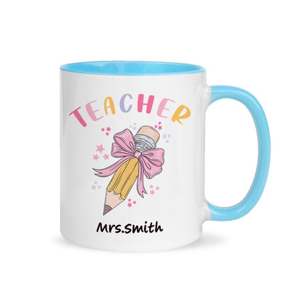 Personalized Pink Coquette Bow Pencil Mug with Teacher's Name, 11oz Ceramic Coffee Tea Cup, Teacher's Day/Appreciation/Christmas Gift for Teachers
