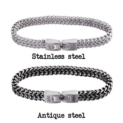Custom Men's Stainless Steel Interlocking Bracelet with Engraved Names or Maps, Long Distance Relationship Gift for Him