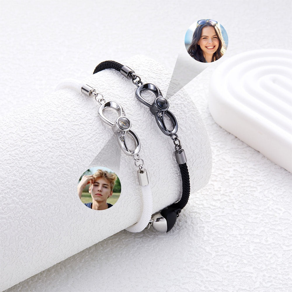 Custom 2 Pieces Photo Projection Bracelets, Infinite Love Charm Bangles, Black & White Couple Bracelets, Valentine's Day/Anniversary Gifts for Her/Him