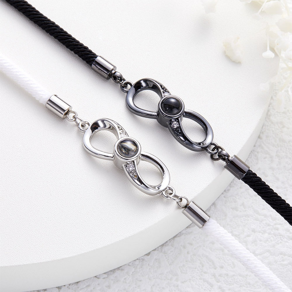 Custom 2 Pieces Photo Projection Bracelets, Infinite Love Charm Bangles, Black & White Couple Bracelets, Valentine's Day/Anniversary Gifts for Her/Him