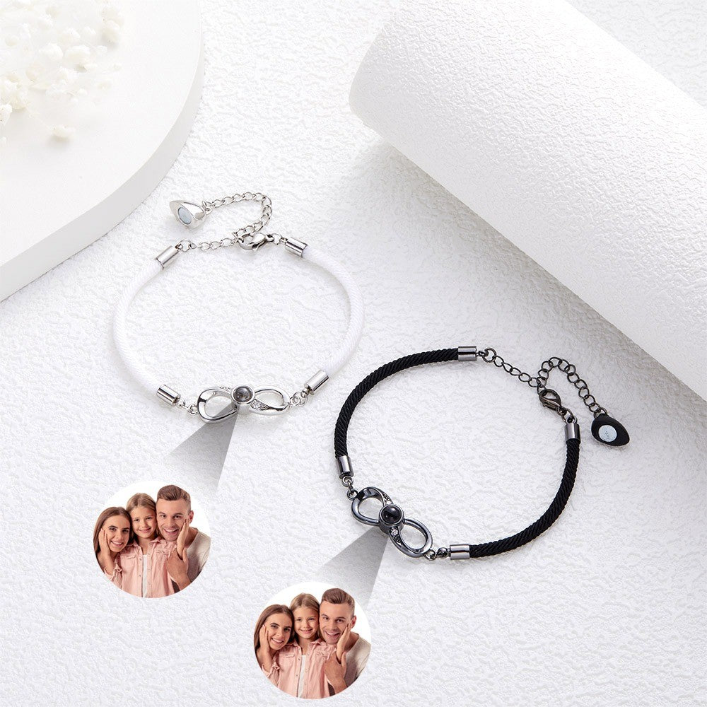 Custom 2 Pieces Photo Projection Bracelets, Infinite Love Charm Bangles, Black & White Couple Bracelets, Valentine's Day/Anniversary Gifts for Her/Him