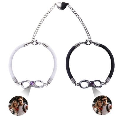 Custom 2 Pieces Photo Projection Bracelets, Infinite Love Charm Bangles, Black & White Couple Bracelets, Valentine's Day/Anniversary Gifts for Her/Him