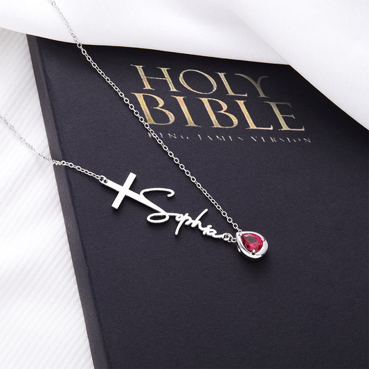 Personalized Sideway Name Cross Necklace, Custom Birthstone Teardrop Sterling Silver Necklace, First Communion/Christening Gift for Women/Her