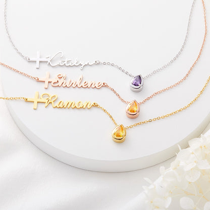 Personalized Sideway Name Cross Necklace, Custom Birthstone Teardrop Sterling Silver Necklace, First Communion/Christening Gift for Women/Her