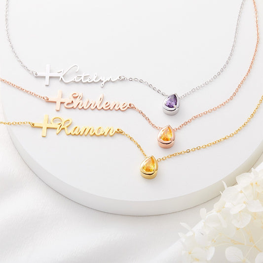 Personalized Sideway Name Cross Necklace, Custom Birthstone Teardrop Sterling Silver Necklace, First Communion/Christening Gift for Women/Her
