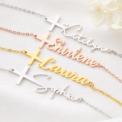 Personalized Sideway Name Cross Necklace, Custom Birthstone Teardrop Sterling Silver Necklace, First Communion/Christening Gift for Women/Her