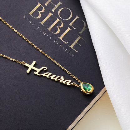 Personalized Sideway Name Cross Necklace, Custom Birthstone Teardrop Sterling Silver Necklace, First Communion/Christening Gift for Women/Her