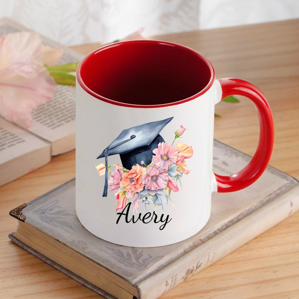 Personalized Name Bouquet of Flowers Graduation Cap Mug, 11oz Ceramic Coffee Tea Cup for Graduate, Graduation Gift for Graduates/Classmates/Friends