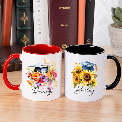 Personalized Name Bouquet of Flowers Graduation Cap Mug, 11oz Ceramic Coffee Tea Cup for Graduate, Graduation Gift for Graduates/Classmates/Friends