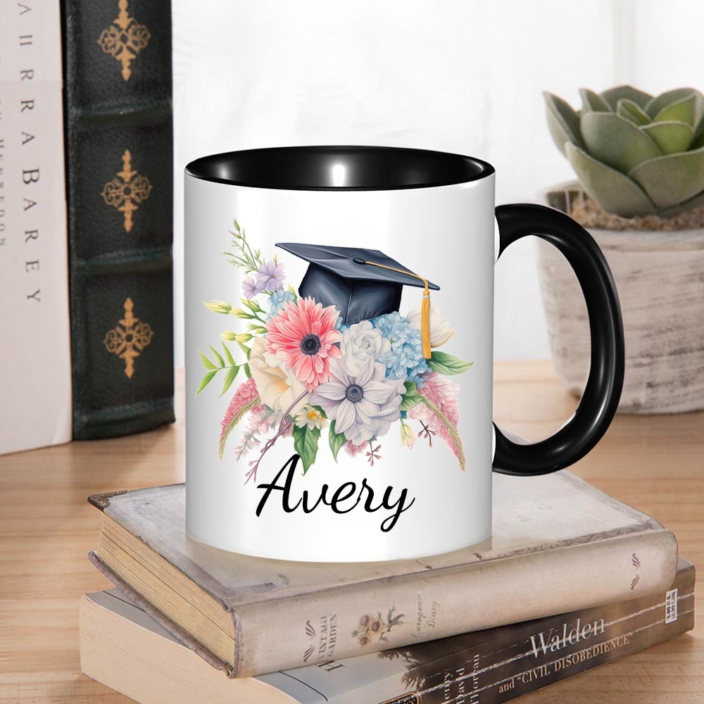 Personalized Name Bouquet of Flowers Graduation Cap Mug, 11oz Ceramic Coffee Tea Cup for Graduate, Graduation Gift for Graduates/Classmates/Friends