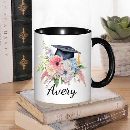 Personalized Name Bouquet of Flowers Graduation Cap Mug, 11oz Ceramic Coffee Tea Cup for Graduate, Graduation Gift for Graduates/Classmates/Friends