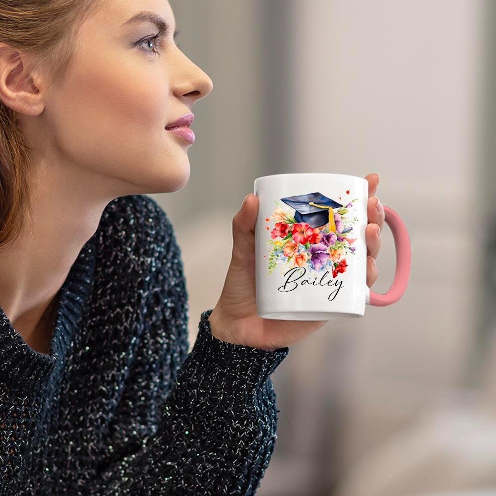 Personalized Name Bouquet of Flowers Graduation Cap Mug, 11oz Ceramic Coffee Tea Cup for Graduate, Graduation Gift for Graduates/Classmates/Friends
