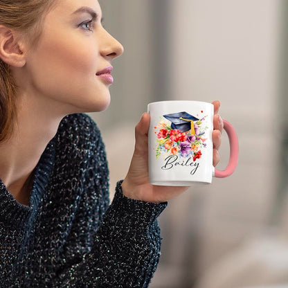 Personalized Name Bouquet of Flowers Graduation Cap Mug, 11oz Ceramic Coffee Tea Cup for Graduate, Graduation Gift for Graduates/Classmates/Friends