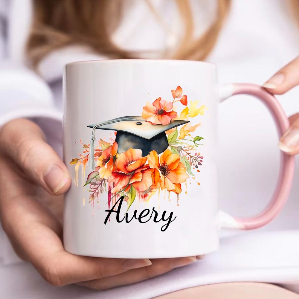 Personalized Name Bouquet of Flowers Graduation Cap Mug, 11oz Ceramic Coffee Tea Cup for Graduate, Graduation Gift for Graduates/Classmates/Friends