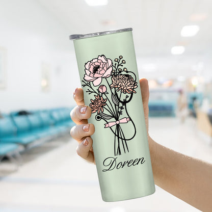 Personalized Name Bow Birth Flower Stethoscope Tumbler, 20oz Stainless Steel Thermos Cup, Graduation/Appreciation Gift for Doctor/Nurse/Medical Staff