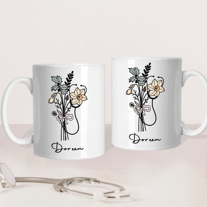 Personalized Name Stethoscope Bow Birth Flower Mug, 11oz Ceramic Coffee Tea Cup for Nurse, Graduation/Appreciation Gift for Doctor/Nurse/Medical Staff
