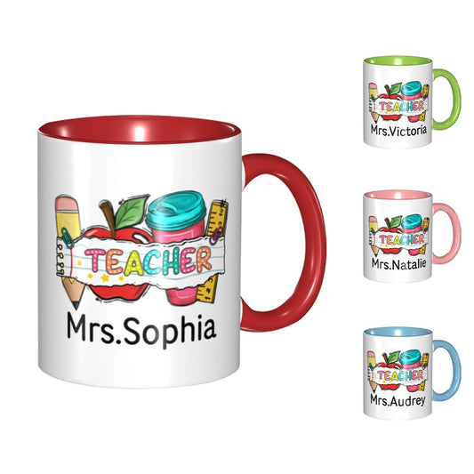 Personalized Name Teacher Mug, Pencil Apple Ruler Design Teacher's 11oz Ceramic Mug, Teacher's Day/Appreciation/Back to School Gift for Teachers