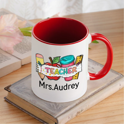 Personalized Name Teacher Mug, Pencil Apple Ruler Design Teacher's 11oz Ceramic Mug, Teacher's Day/Appreciation/Back to School Gift for Teachers