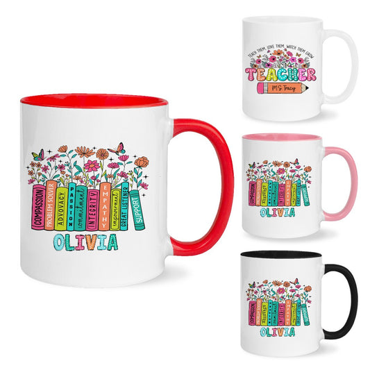 Personalized Name Wildflowers Teacher Mug, Pencil/Book Design Teacher's 11oz Ceramic Mug, Teacher's Day/Appreciation/Back to School Gift for Teachers