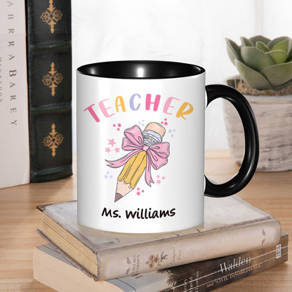 Personalized Pink Coquette Bow Pencil Mug with Teacher's Name, 11oz Ceramic Coffee Tea Cup, Teacher's Day/Appreciation/Christmas Gift for Teachers
