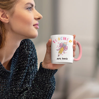 Personalized Pink Coquette Bow Pencil Mug with Teacher's Name, 11oz Ceramic Coffee Tea Cup, Teacher's Day/Appreciation/Christmas Gift for Teachers