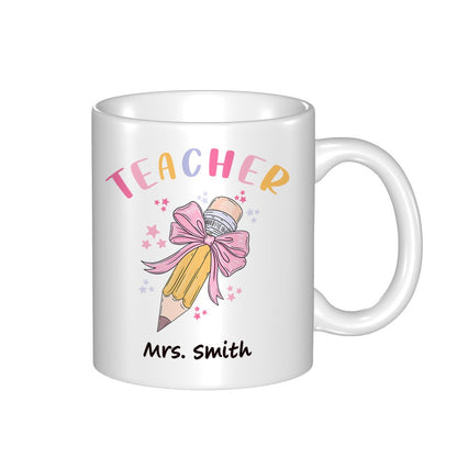 Personalized Pink Coquette Bow Pencil Mug with Teacher's Name, 11oz Ceramic Coffee Tea Cup, Teacher's Day/Appreciation/Christmas Gift for Teachers
