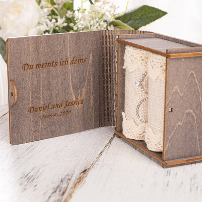 Personalized Love Story Wedding Ring Box, Wood Mini Book Ring Box, Double Pillow Ring Jewelry Box, Engagement/Wedding/Proposal Gift for Couple/Friend