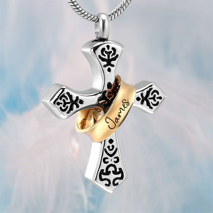 Custom Name Ring Cross Urn Necklace, Cremation Urn Necklace for Ashes of Beloved/Pet Loss/Baby, Memorial Jewelry, Sympathy Gift for Family/Friend/Her