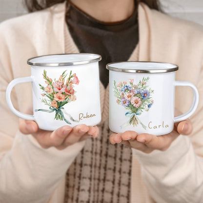 Personalized Name Watercolor Birth Month Flower Mug, 11oz Enamel Mug, Wedding Favor, Birthday/Bridesmaid/Mother's Day Gift for Her/Family/Friend