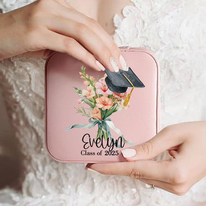 Personalized Graduation Cap Birth Flower Jewelry Box, Custom Name PU Leather Travel Jewelry Case, Graduation Keepsake, Graduation Gift for Women/Girls