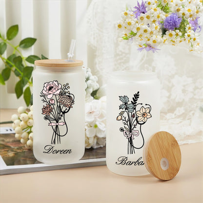 Custom Name Bow Birth Flower Stethoscope Glass Cup, 20oz Frosted Tumbler with Bamboo Lid and Straw, Appreciation Gift for Doctor/Nurse/Medical Staff
