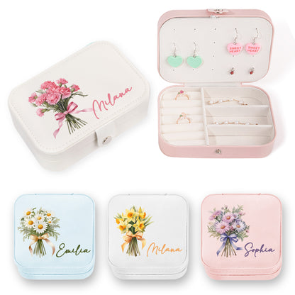 Personalized Name Birth Flower Jewelry Box, PU Leather Flower Bouquet Travel Jewelry Case, Mother's Day/Birthday/Bridal Gift for Mom/Bridesmaids/Her