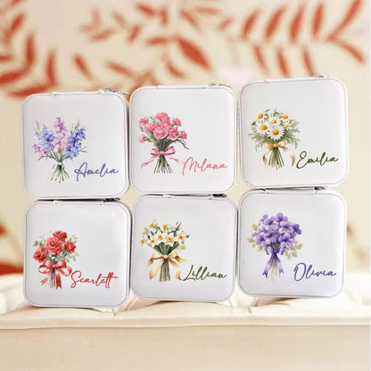 Personalized Name Birth Flower Jewelry Box, PU Leather Flower Bouquet Travel Jewelry Case, Mother's Day/Birthday/Bridal Gift for Mom/Bridesmaids/Her