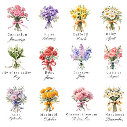 Personalized Name Birth Flower Jewelry Box, PU Leather Flower Bouquet Travel Jewelry Case, Mother's Day/Birthday/Bridal Gift for Mom/Bridesmaids/Her