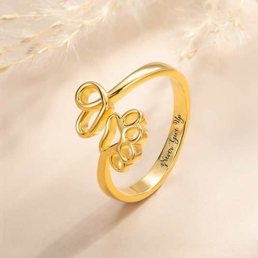 Custom Name Engraved Pet Ring, Paw Print Love Heart Name Ring, Memorial Jewelry, Sterling Silver 925 Adjustable Open Ring, Gift for Pet Lover/Owner