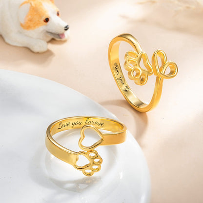 Custom Name Engraved Pet Ring, Paw Print Love Heart Name Ring, Memorial Jewelry, Sterling Silver 925 Adjustable Open Ring, Gift for Pet Lover/Owner
