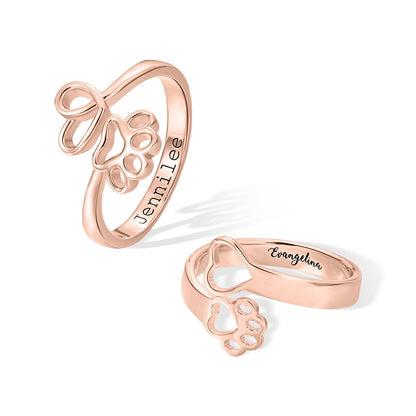 Custom Name Engraved Pet Ring, Paw Print Love Heart Name Ring, Memorial Jewelry, Sterling Silver 925 Adjustable Open Ring, Gift for Pet Lover/Owner