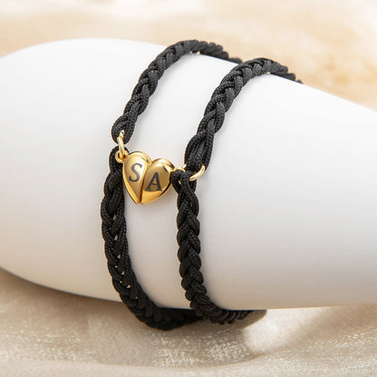 Custom Initials Matching Heart Magnetic Bracelets, Set of 2, Adjustable Matching Couple Braided Bracelets, Couple/Friendship Gift for Lover/Best Friend