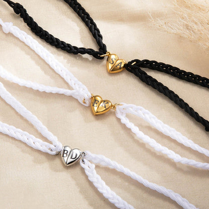 Custom Initials Matching Heart Magnetic Bracelets, Set of 2, Adjustable Matching Couple Braided Bracelets, Couple/Friendship Gift for Lover/Best Friend