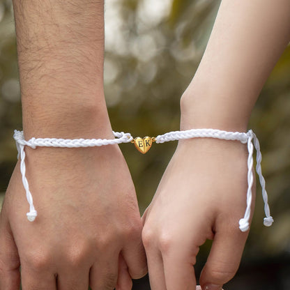Custom Initials Matching Heart Magnetic Bracelets, Set of 2, Adjustable Matching Couple Braided Bracelets, Couple/Friendship Gift for Lover/Best Friend