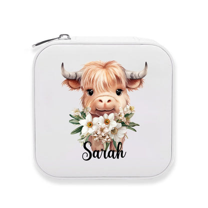 Personalized Name Birth Flower Highland Cow Jewelry Box, PU Leather Travel Jewelry Case, Birthday/Mother's Day Gift for Women/Girls/Highland Cow Lover