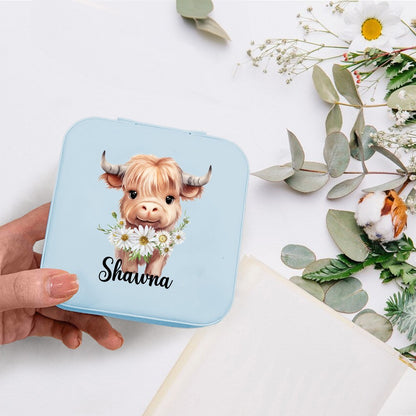 Personalized Name Birth Flower Highland Cow Jewelry Box, PU Leather Travel Jewelry Case, Birthday/Mother's Day Gift for Women/Girls/Highland Cow Lover