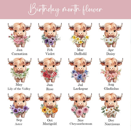 Personalized Name Birth Flower Highland Cow Jewelry Box, PU Leather Travel Jewelry Case, Birthday/Mother's Day Gift for Women/Girls/Highland Cow Lover