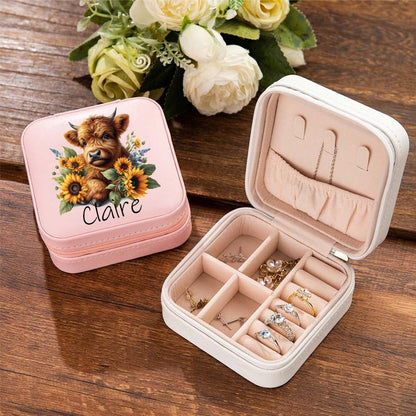 Personalized Name Sunflower Highland Cow Jewelry Box, PU Leather Travel Jewelry Case, Birthday/Mother's Day Gift for Women/Girls/Highland Cow Lover